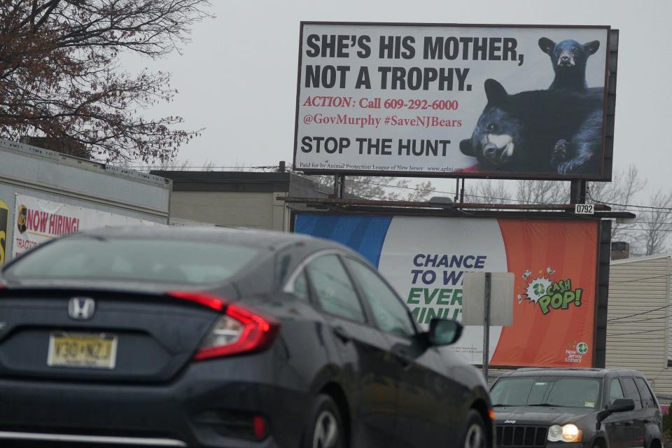 A billboard objecting to the bear hunt on North Midland Ave in Saddle Brook, N.J. on Wednesday Dec. 7, 2022. 