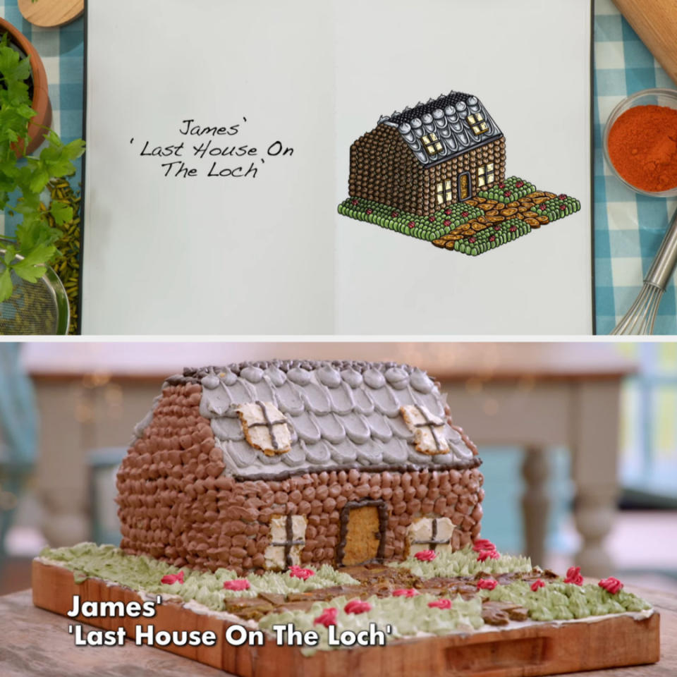 Drawing of James' showstopper cake side by side with the actual bake