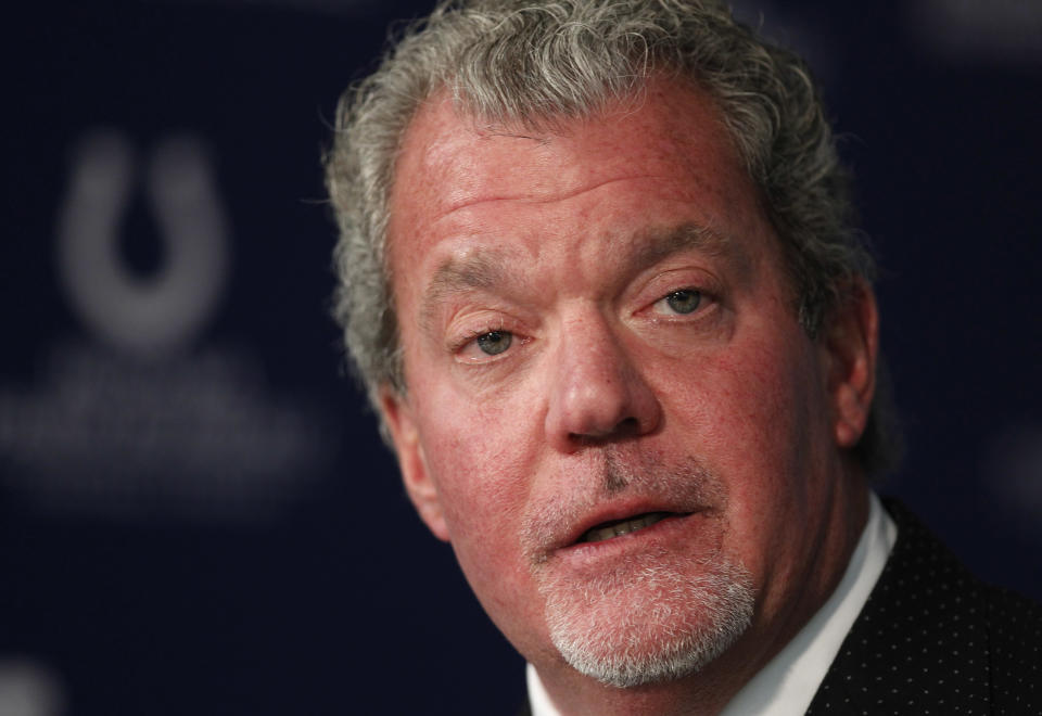 FILE - This is a Jan. 2, 2012 file photo showing Indianapolis Colts owner Jim Irsay during a press conference at the NFL football team's practice facility in Indianapolis. Authorities say Irsay is in jail after being stopped on suspicion of drunken driving. Hamilton County Sheriff's Department Deputy Bryant Orem says Irsay was arrested Sunday night, March 16, 2014, in the northern Indianapolis suburb of Carmel. (AP Photo/Michael Conroy, File)