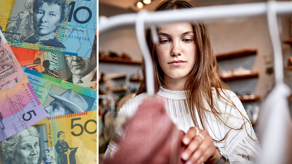 A composite image of a woman looking financially stressed while clothes shopping, and money.