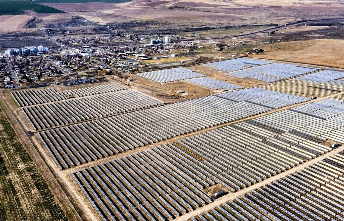 The Adams Nielson solar farm sits next to the town of Lind, Adams County. It produces 28 megawatts of electricity from its 200 acres of solar panels, enough to power 4,000 homes.