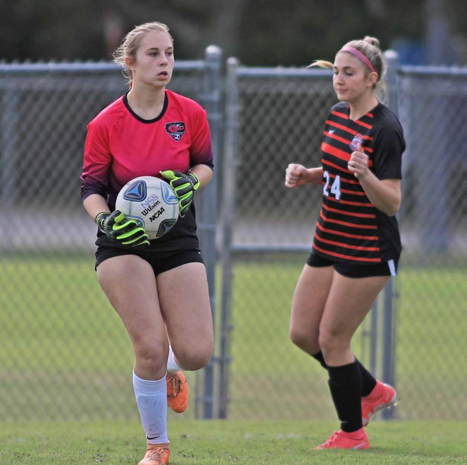 New Smyrna Beach High School’s goalkeeper Molly Andriola (0) stops the ball during the Five Star Conference boys and girls soccer quarterfinals at Ormond Beach Sports Complex on Saturday, Jan.13th, 2023.