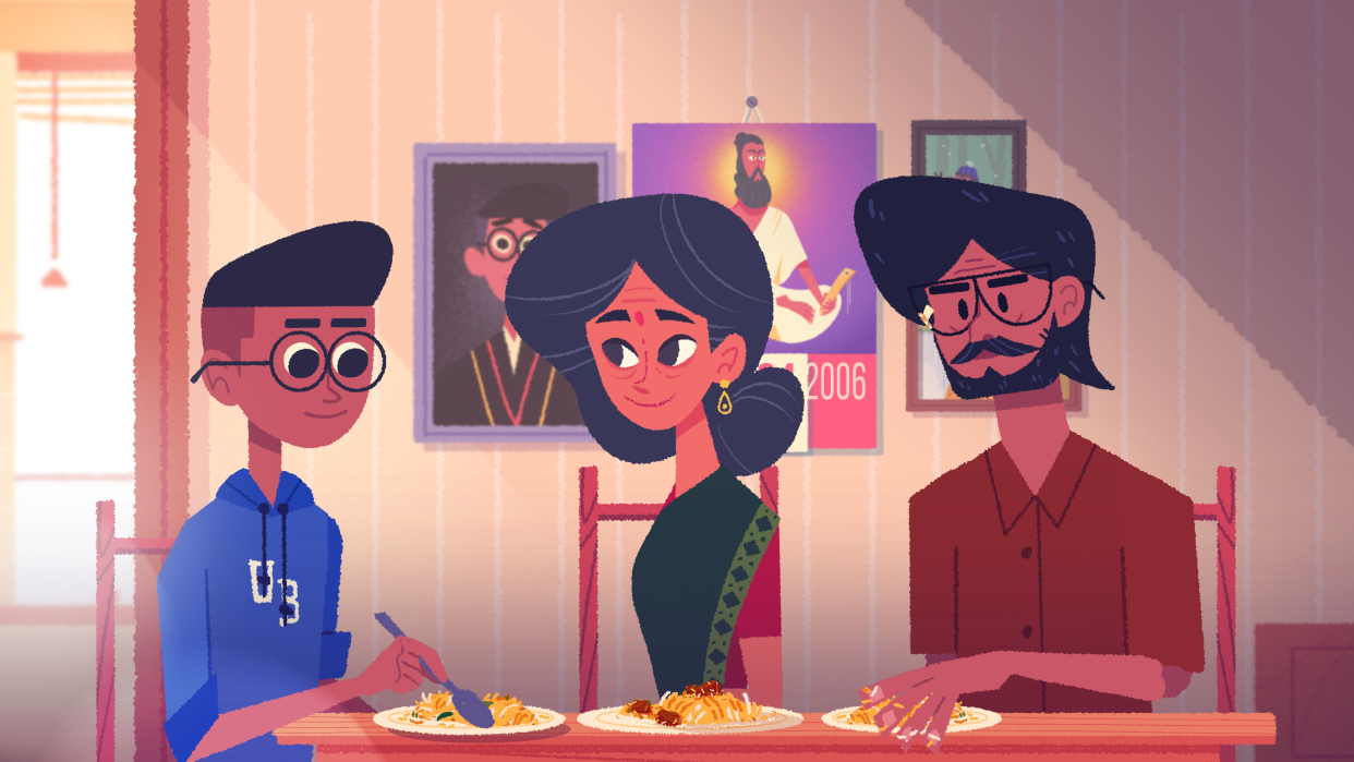 A cartoon image of a family sitting down to enjoy dinner together. To the left a teenage son in western dress holds a spoon and tucks into his meal. On the right his father appears to be using his hands to eat and in the center the boy's mother, dressed in traditional Indian garments, looks on lovingly at the boy.