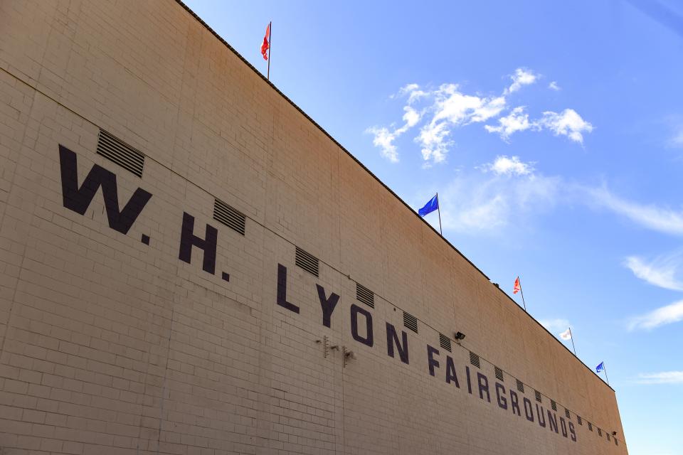 A sign for the W.H. Lyons Fairgrounds is painted on the back wall of the grandstands on Thursday, July 28, 2022, in Sioux Falls.