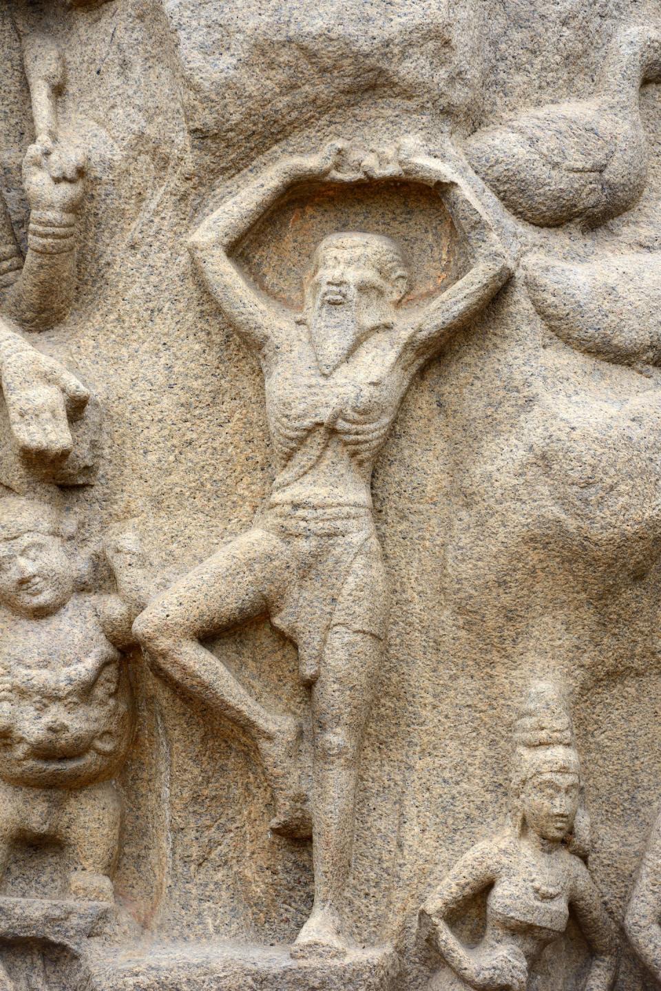 Rock relief portraying Arjuna in Mahabalipuram, Tamil Nadu, India. <a href="https://www.gettyimages.co.uk/detail/news-photo/rock-reliefs-in-mahabalipuram-rock-reliefs-of-the-descent-news-photo/843177000?adppopup=true" rel="nofollow noopener" target="_blank" data-ylk="slk:Frédéric Soltan/Corbis via Getty Images;elm:context_link;itc:0;sec:content-canvas" class="link ">Frédéric Soltan/Corbis via Getty Images</a>