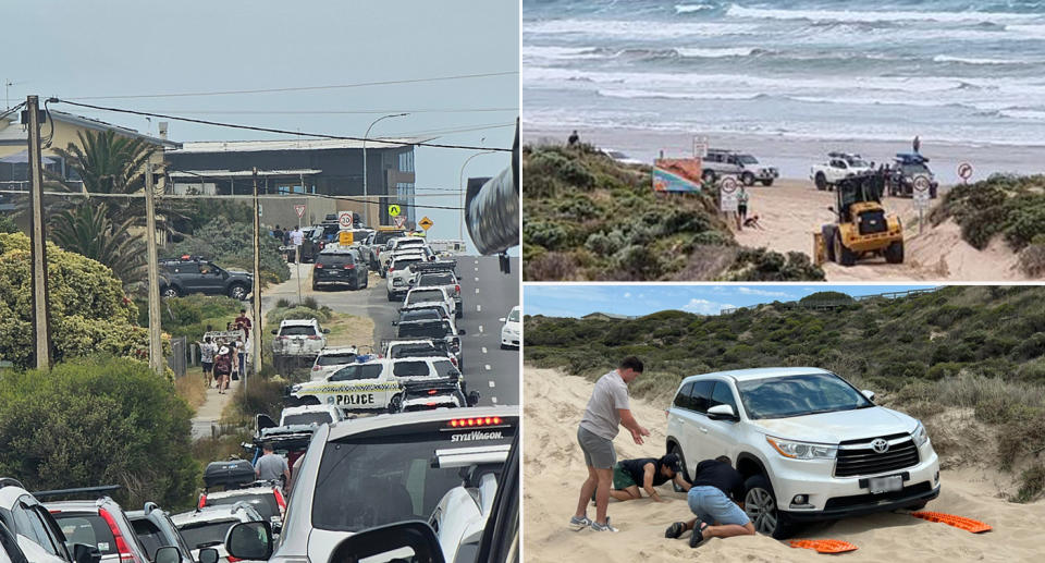 Left: Long queues of cars waiting to drive onto the beach. Right: Heavy machinery and tools required to dig bogged cars out of the sand. 