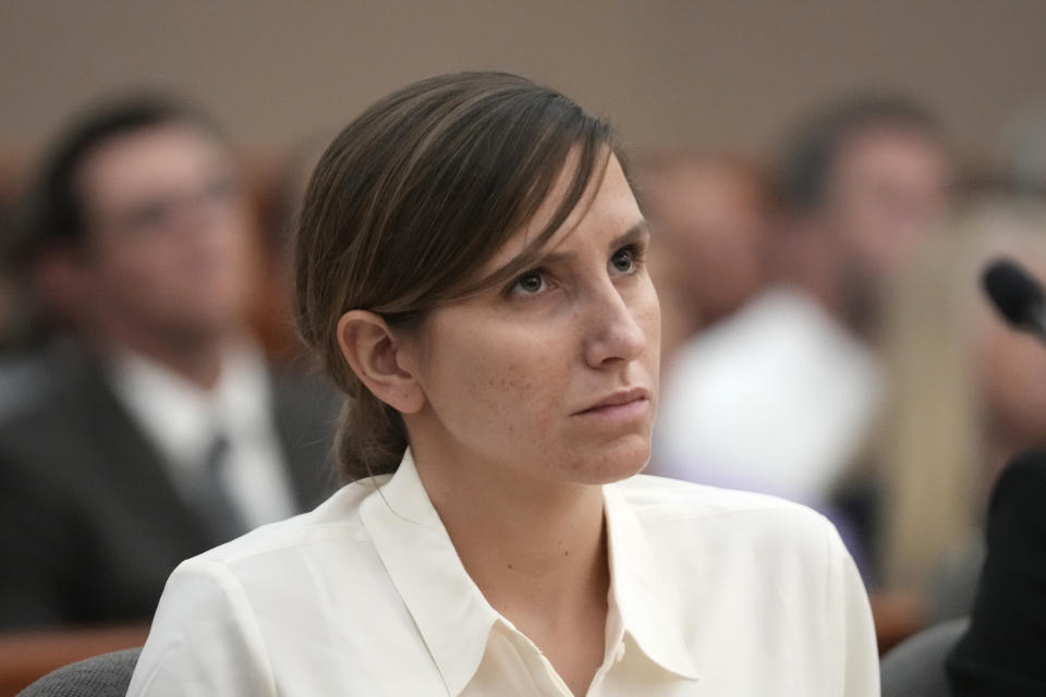 Kouri Richins, a Utah mother of three who authorities say fatally poisoned her husband then wrote a children's book about grieving, looks on during a bail hearing Monday, June 12, 2023, in Park City, Utah. A judge ruled to keep her in custody for the duration of her trial. (AP Photo/Rick Bowmer, Pool)