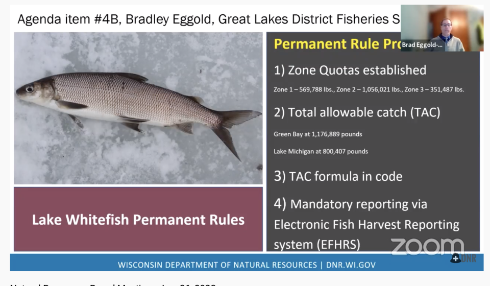 A slide details a final rule approved Wednesday on commercial fishing for lake whitefish on Green Bay and Lake Michigan. The rule allows for a 57% increase in whitefish quota in southern Green Bay, about half as much as proposed in an earlier version.