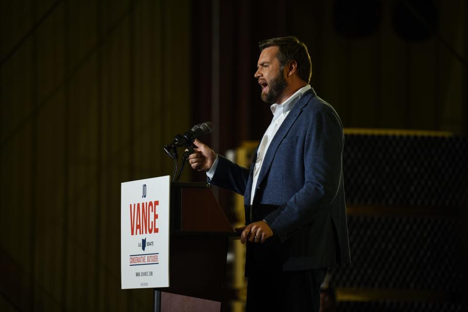 Author of "Hillbilly Elegy, J.D. Vance announces his Senate bid at Middletown Tube Works in his hometown on July 1, 2021.