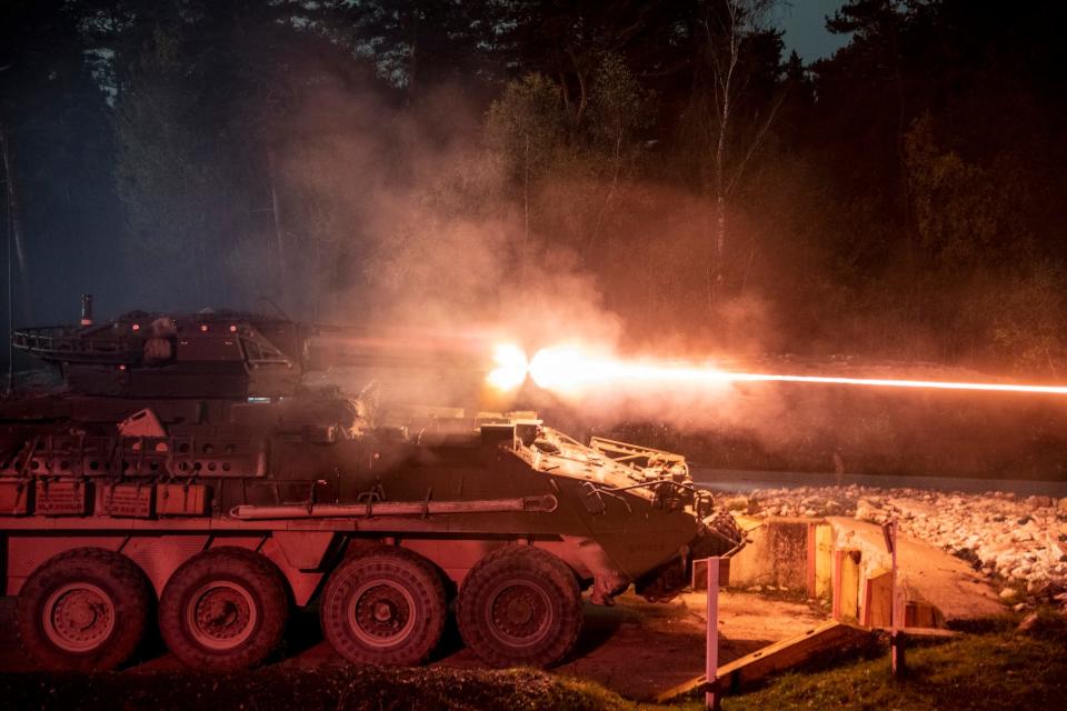 US soldiers fire the Dragoon's 30mm autocannon during a 2022 exercise.