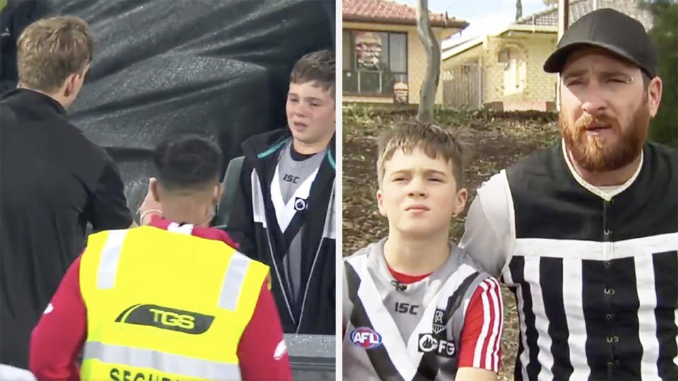 A 50-50 split image shows Tom Lynch speaking to Port fan Archer Merritt after Friday's preliminary final, and Archer and father Jason on the right.