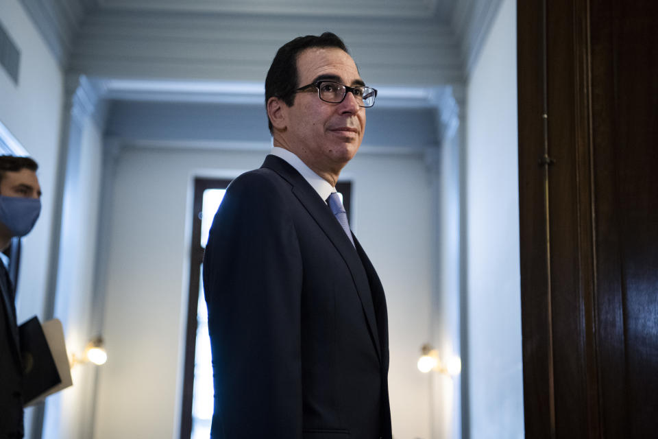 UNITED STATES - JUNE 10: Treasury Secretary Steve Mnuchin arrives to testify during the Senate Small Business and Entrepreneurship Committee hearing on the Implementation of Title I of the CARES Act in Russell Building on Wednesday, June10, 2020. (Photo By Tom Williams/CQ-Roll Call, Inc via Getty Images)