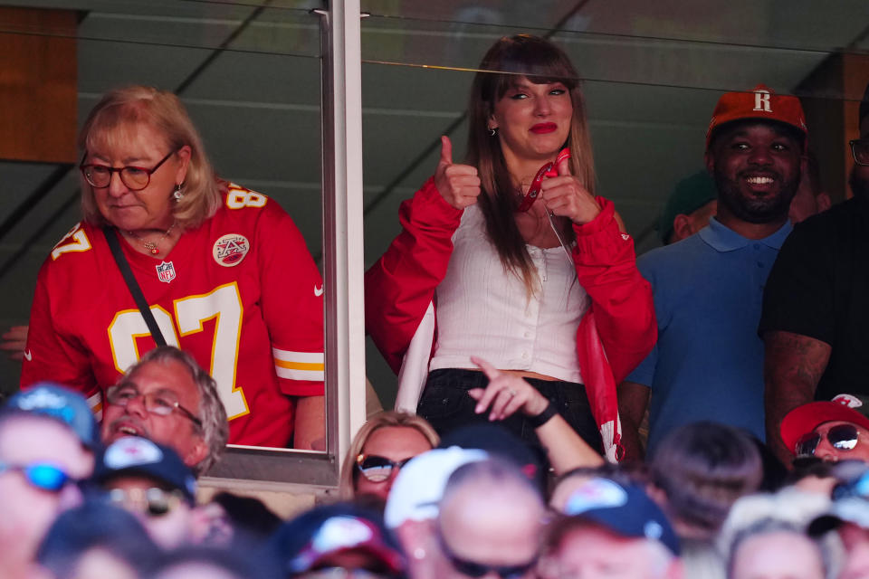 KANSAS CITY, MISSOURI – SEPTEMBER 24: Taylor Swift reacts during the first half of a game between the <a class="link " href="https://sports.yahoo.com/nfl/teams/chicago/" data-i13n="sec:content-canvas;subsec:anchor_text;elm:context_link" data-ylk="slk:Chicago Bears;sec:content-canvas;subsec:anchor_text;elm:context_link;itc:0">Chicago Bears</a> and the Kansas City Chiefs at GEHA Field at Arrowhead Stadium on September 24, 2023 in Kansas City, Missouri. (Photo by Jason Hanna/Getty Images) ORG XMIT: 775992289 ORIG FILE ID: 1699256826