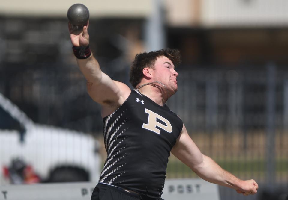 Post's Mason Wright competes in the shot put at the District 5-2A track and field meet Wednesday, April 3, 2024, in Post.