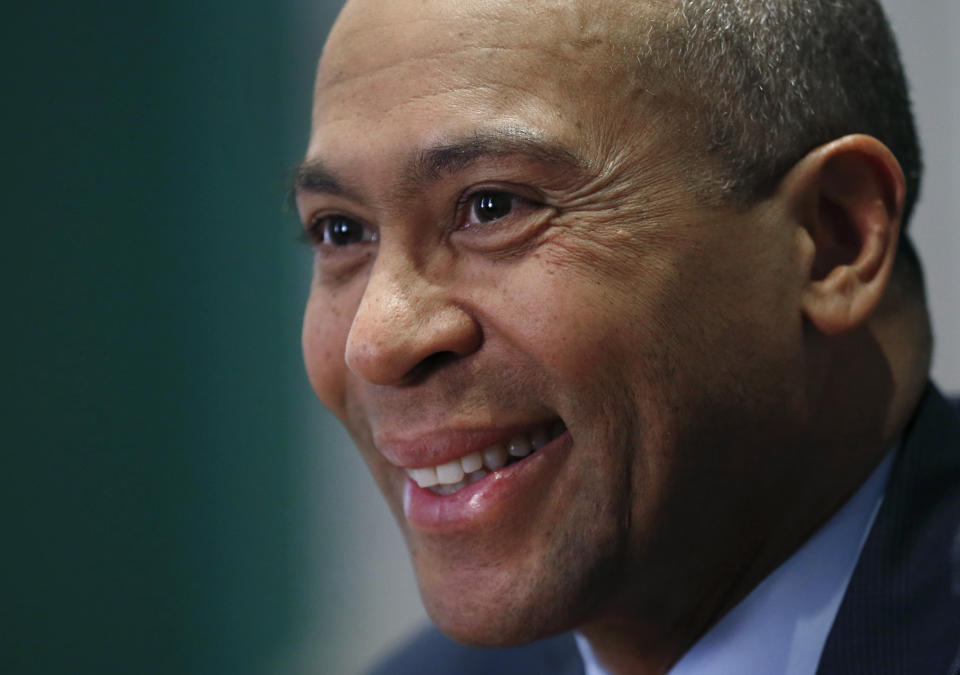 FILE - In this Dec. 15, 2014, file photo, Massachusetts Gov. Deval Patrick speaks during an interview at his Statehouse office in Boston. Following the midterm elections, Democrats pondering 2020 presidential bids are pivoting from campaigning for other candidates across the country to refocusing on their own efforts, including making moves in early-voting states like South Carolina. Former Massachusetts Patrick is set to deliver a keynote address on Friday, Nov. 16, 2018, at an Urban League fundraiser in Charleston. (AP Photo/Elise Amendola, File)