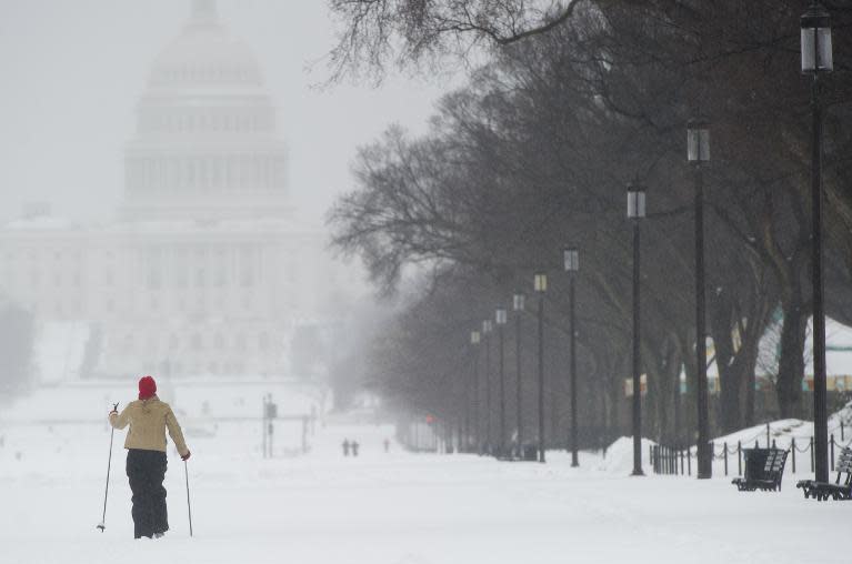 A woman cross country skis on the snow-covered National Mall near the US Capitol in Washington, on February 13, 2014