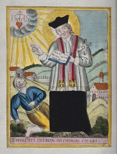 St. Valentine blessing an epileptic. <a href="https://commons.wikimedia.org/wiki/File:Saint_Valentine_blessing_an_epileptic._Coloured_etching._Wellcome_V0016605.jpg" rel="nofollow noopener" target="_blank" data-ylk="slk:Wellcome Images;elm:context_link;itc:0;sec:content-canvas" class="link ">Wellcome Images</a>, <a href="http://creativecommons.org/licenses/by/4.0/" rel="nofollow noopener" target="_blank" data-ylk="slk:CC BY;elm:context_link;itc:0;sec:content-canvas" class="link ">CC BY</a>