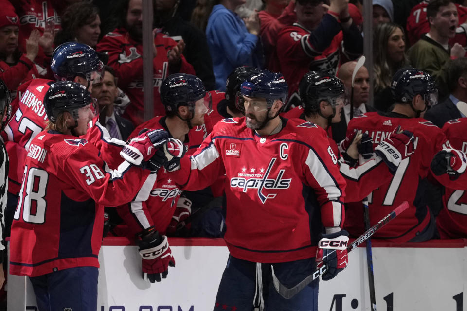 Washington Capitals left wing Alex Ovechkin (8) celebrates after a goal in the second period of an NHL hockey game in Washington, Saturday, Nov. 18, 2023. (AP Photo/Susan Walsh)