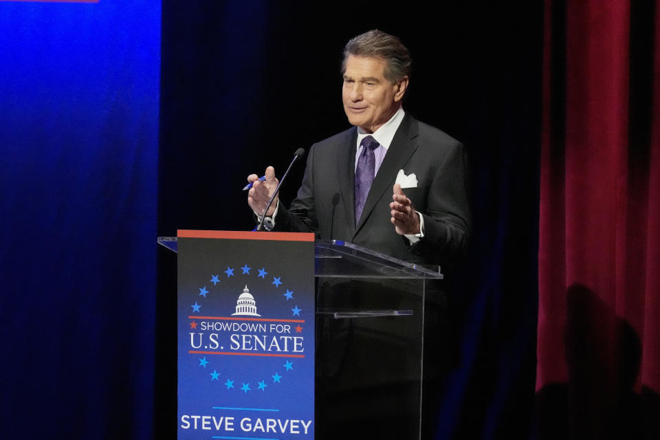 FILE - Former baseball player Steve Garvey speaks during a televised debate for candidates in the senate race to succeed the late California Sen. Dianne Feinstein on Jan. 22, 2024, in Los Angeles. The candidacy for the U.S. Senate of former California baseball star Garvey has brought a splash of celebrity to the race that has alarmed his Democratic rivals and tugged at the state's political gravity. (AP Photo/Damian Dovarganes, File)