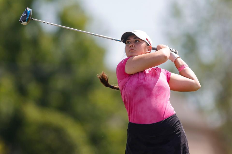 Jaeya Mathis of  Westmoore tees off on the 3rd hole during round 1 of the 6A Girls State Golf Championship at Meadowbrook Country Club  Wednesday, May 3, 2023 in Tulsa, Ok. 