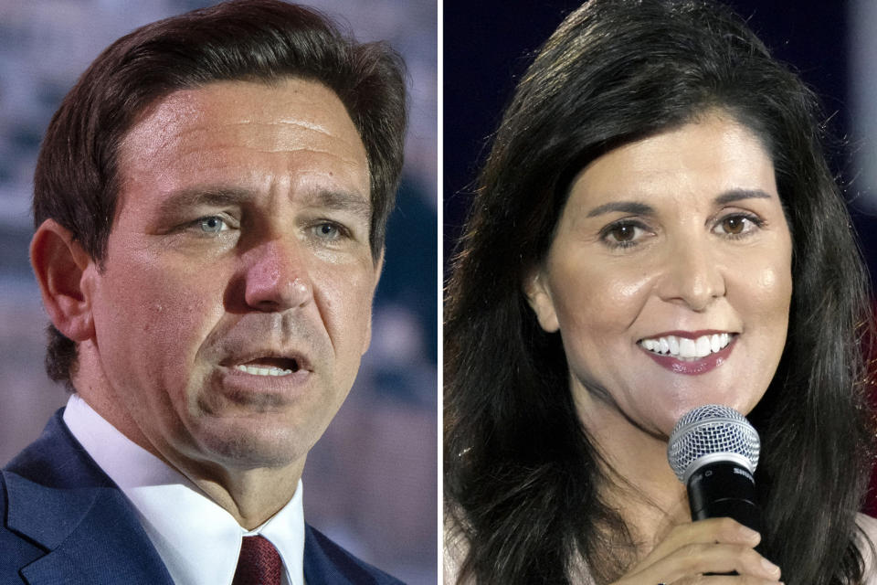 This combination of photos shows Republican presidential candidates, Florida Gov. Ron DeSantis, and former South Carolina UN Ambassador Nikki Haley. The intensifying rivalry between DeSantis and Haley has become a defining story line in the waning days of the campaign for Iowa's leadoff caucuses. (AP Photo)