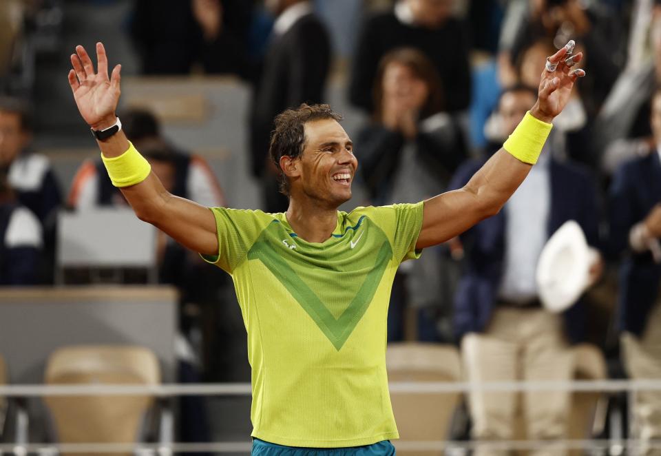 Tennis - French Open - Roland Garros, Paris, France - June 1, 2022  Spain's Rafael Nadal celebrates winning his quarter final match against Serbia's Novak Djokovic REUTERS/Gonzalo Fuentes