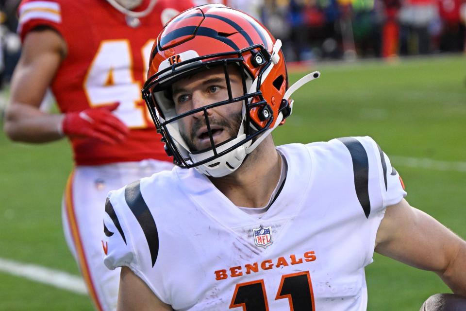 FILE - Cincinnati Bengals wide receiver Trent Taylor makes a catch and takes it in for a two-point conversion to tie the game against the Kansas City Chiefs during the second half of the NFL AFC Championship football game, Sunday, Jan. 30, 2022 in Kansas City, Mo. Taylor missed the Super Bowl in Miami with San Francisco with a foot injury that cost him the entire 2019 season. Now the wide receiver has a rare second chance with Cincinnati. (AP Photos/Reed Hoffmann, File)