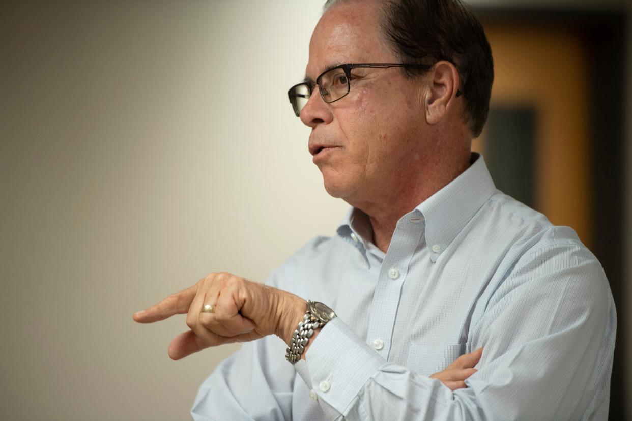 U.S. Sen. Mike Braun visits with employees at the Evansville Rescue Mission Monday morning, Aug. 30, 2021. 