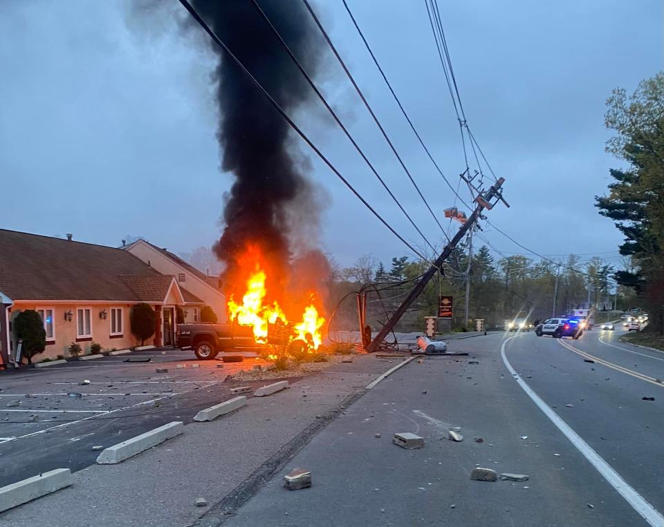 A pickup truck burst into flames early Friday after it crashed into an utility pole on Uxbridge Road (Route 16) in Mendon. The driver was hospitalized with minor, but undisclosed, injuries.