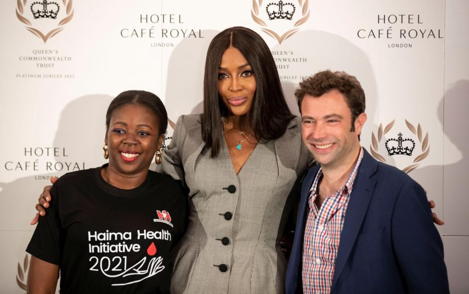 Naomi Campbell with Chris Kelly (right), the chief executive of the Queen’s Commonwealth Trust, and Bukky Bolarinwa, Nigerian lawyer and campaigner for the improvement of blood transfusion services - Reuters/May James