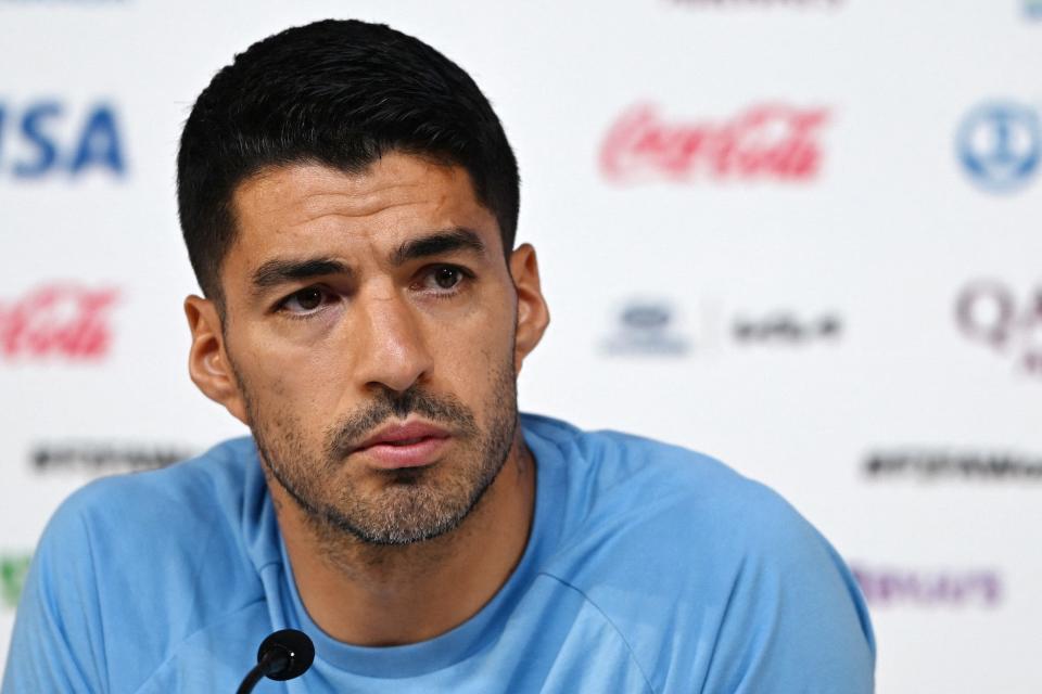 Luis Suarez gives a press conference at the Qatar National Convention Center (QNCC) in Doha on December 1, 2022, on the eve of the Qatar 2022 World Cup football match between Ghana and Uruguay.