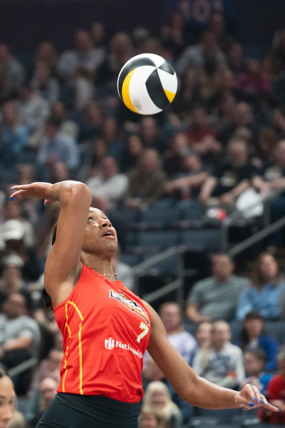 Feb 21, 2024; Columbus, OH, USA; Middle Blocker, Asjia O'Neal, serves the ball during the Columbus Fury home game against the Omaha Supernovas at Nationwide Arena.