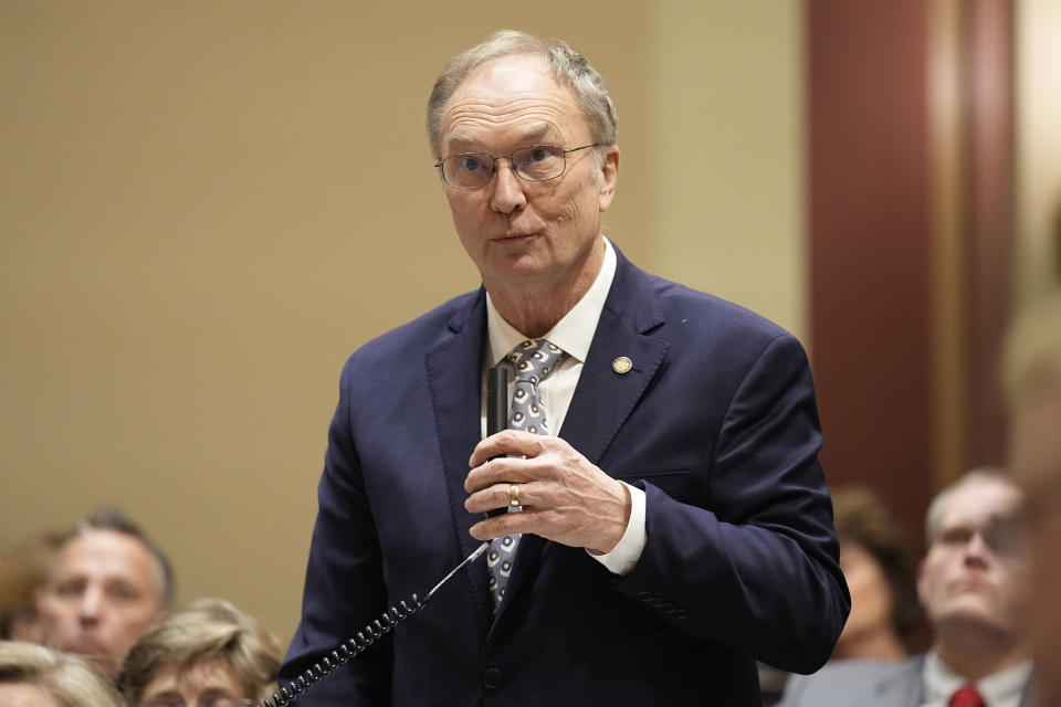 Minnesota House Rep. Paul Torkelson speaks during the first day of the 2023 Legislative session, Tuesday, Jan. 3, 2023, in St. Paul, Minn. (AP Photo/Abbie Parr)