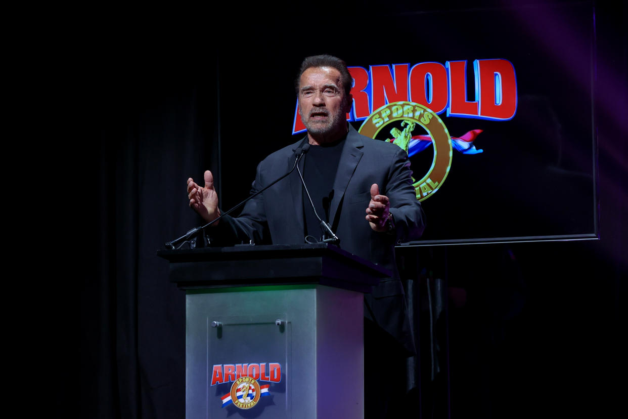 Arnold Schwarzenegger addressing the crowd at the Arnold Sports Festival on March 6, 2020 in Columbus, Ohio