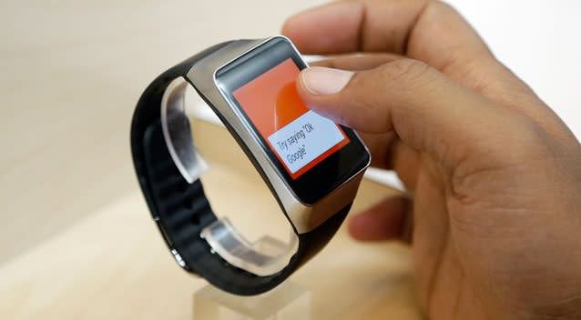 The Samsung Gear Live, an Android Wear smartwatch, on the demo floor at Google I/O 2014 in San Francisco. With Android Wear, software developers won’t have to rewrite apps every time a new watch from Samsung, Sony or another manufacturer comes out. Photo: AP