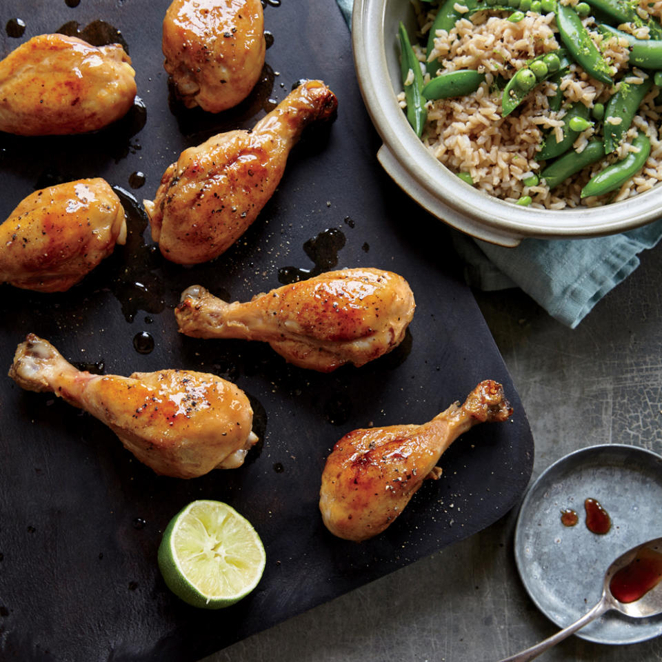 Tuesday: Honey-Lime Drumsticks With Snow Peas and Brown Rice