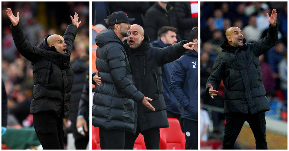 Man City manager Pep Guardiola gesturing at the sidelines of their clash with Liverpool at Anfield. (PHOTOS: Getty Images)