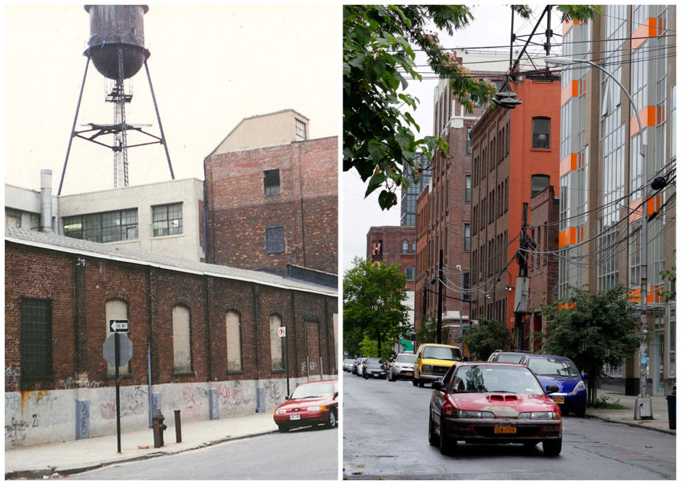 This combination photo shows, left, an undated image released by the Brooklyn Brewery, of the street near the brewery in its early days, and right, down the street from the brewery on July 1, 2013, in New York. When Brooklyn Brewery opened in the Williamsburg section of the Brooklyn borough of New York City in 1996, its neighbors were mostly deserted warehouses and factories. Today, Brooklyn Brewery is surrounded by modern apartment buildings, trendy bars, shops and restaurants. (AP Photo/Brooklyn Brewery)