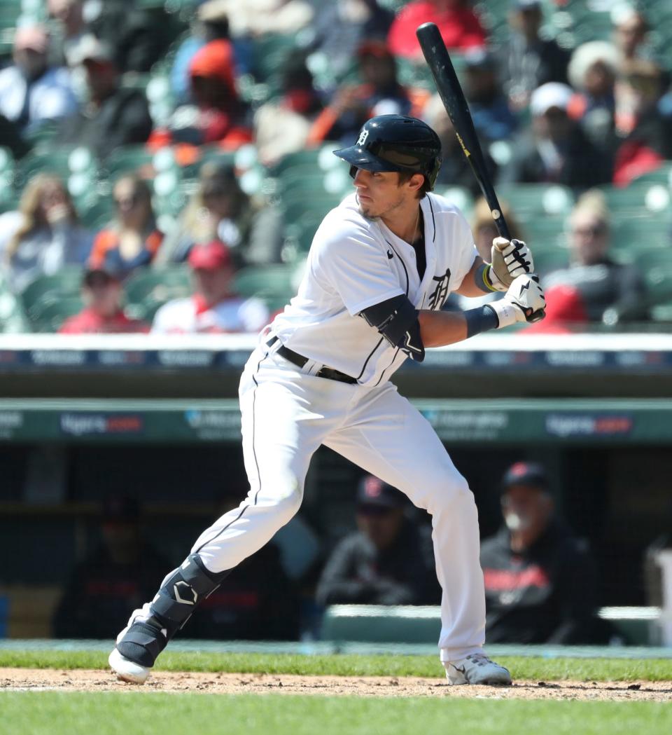 Detroit Tigers second baseman Nick Maton (9) bats against Cleveland Guardians starting pitcher Cal Quantrill (not pictured) during third-inning action at Comerica Park in Detroit on Wednesday, April 19, 2023.