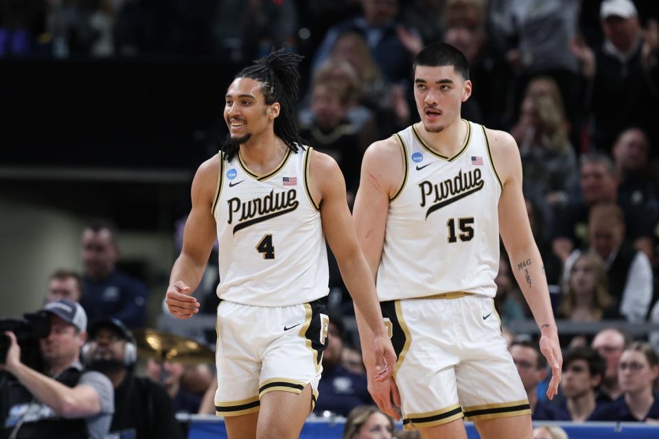 Purdue Boilermakers forward Trey Kaufman-Renn (4) reacts during the first half against the Utah State Aggies at Gainbridge FieldHouse.