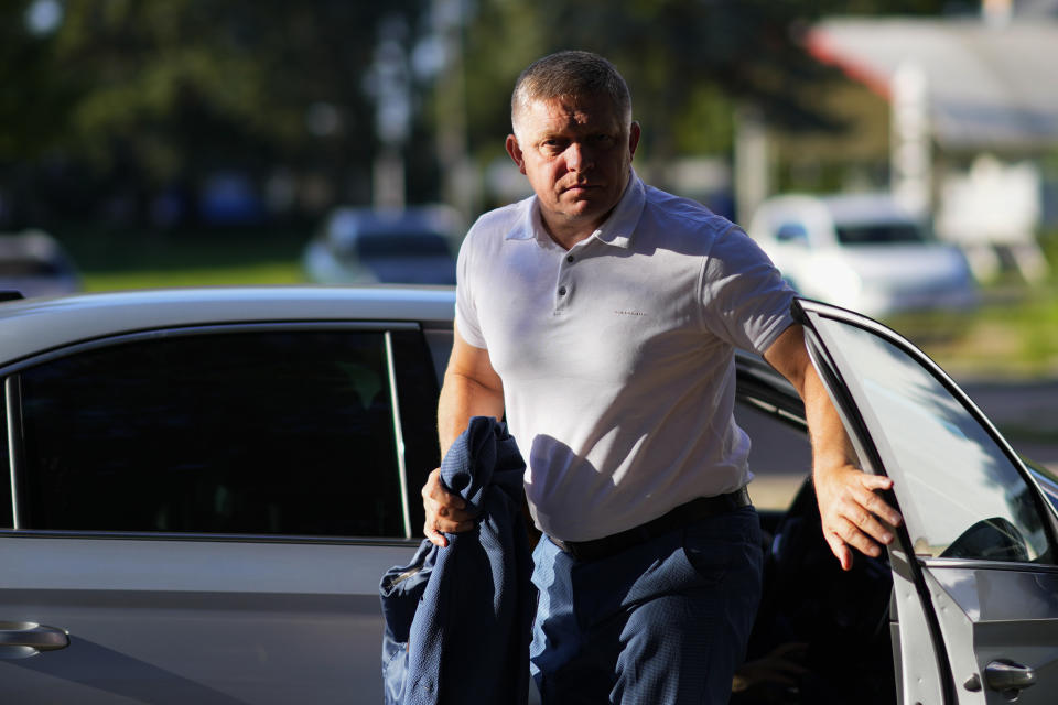 FILE - Former Slovak Prime Minister and head of leftist SMER - Social Democracy party Robert Fico arrives for an election rally in Michalovce, Slovakia, on Sept. 6, 2023. Slovakia holds early parliamentary elections on Saturday Oct. 30, 2023, with Fico and his scandal-tainted party favored to win after campaigning on a clear pro-Russian and anti-American message. (AP Photo/Petr David Josek, File)