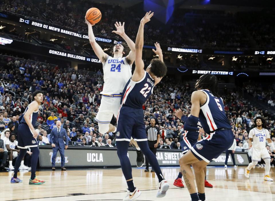 UCLA Bruins guard Jaime Jaquez Jr. (24) struggles to shoot late in the game