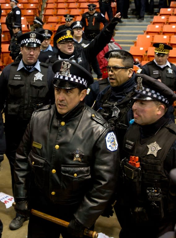 Chicago police at the UIC Pavilion on March 11, 2016, the scene of huge protests against Republican presidential frontrunner Donald Trump
