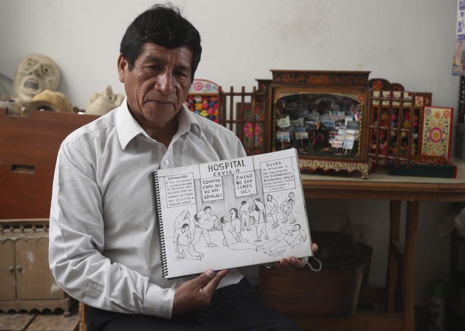 Edilberto Jimenez poses with one of his drawings at his home in San Juan de Lurigancho, on the outskirts of Lima, Peru, Thursday, May 20, 2021. Jimenez compiled in a book his interpretation of the sufferings that Peruvians have endured during the COVID pandemic that has caused a deepening economic crisis and has killed more than 66,000 people in the Andean country. (AP Photo/Martin Mejia)