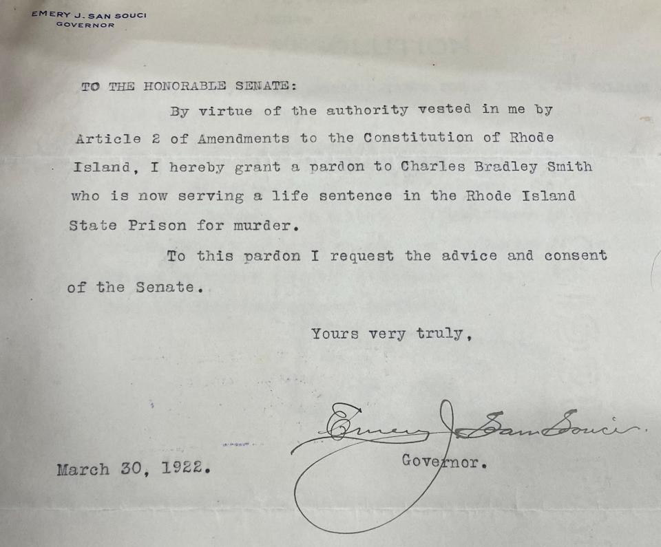 Gov. Emery J. San Souci signed the pardon of Charles Bradley Smith on March 30, 1922. It would take three weeks for the state Senate to approve it.