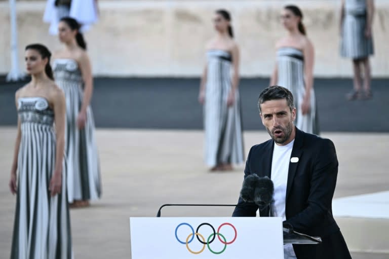 Handover: President of the Paris 2024 Olympics and Paralympics Organising Committee (Cojo) Tony Estanguet speaks during the ceremony (Aris MESSINIS)