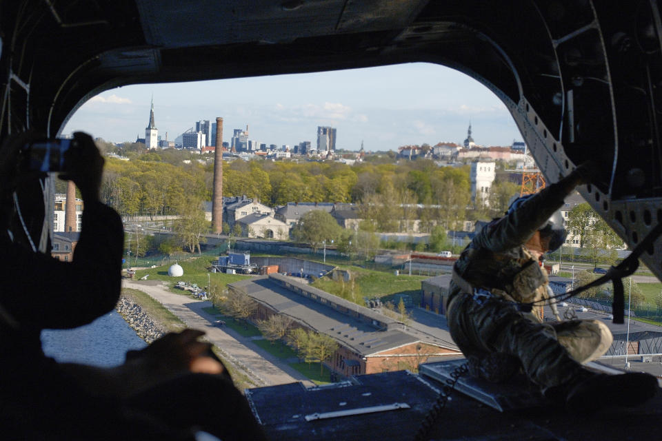 Estonia's capital of Tallinn is seen from a British Chinook helicopter on Wednesday, May 15, 2024. Estonia, occupied by the Soviet Union until 1991, joined NATO in 2004. (AP Photo/Hendrik Osula)