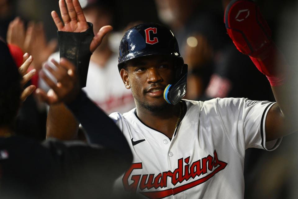 Sep 14, 2024; Cleveland, Ohio, USA; Cleveland Guardians left fielder Angel Martinez (1) celebrates after scoring during the sixth inning against the Tampa Bay Rays at Progressive Field. Mandatory Credit: Ken Blaze-Imagn Images