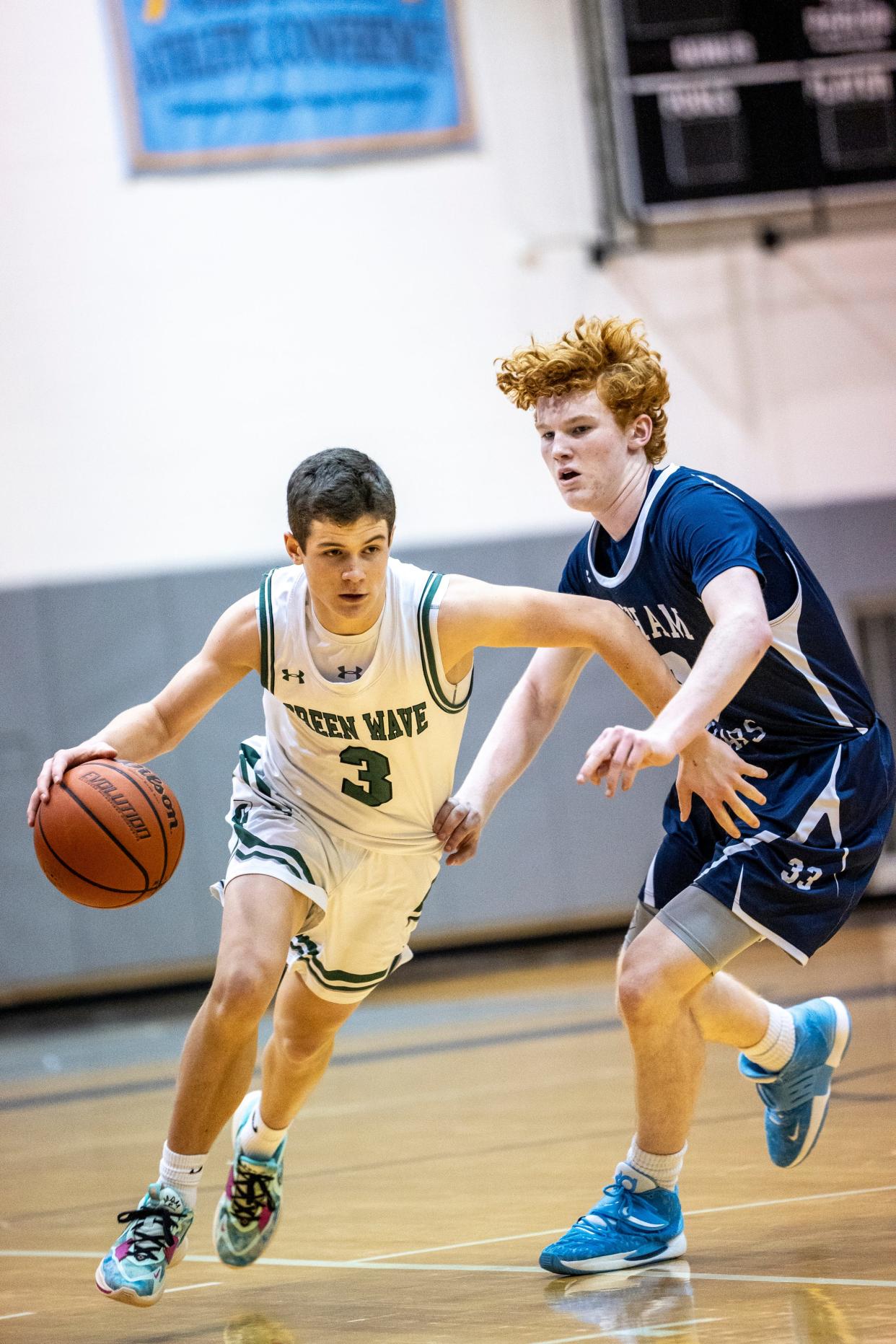 Chatham plays Delbarton in the Morris County Tournament boys basketball semifinals at County College of Morris in Randolph, NJ on Saturday, Feb. 11, 2023. D #3 Will McGinty and C #33 Michael MacAniff.