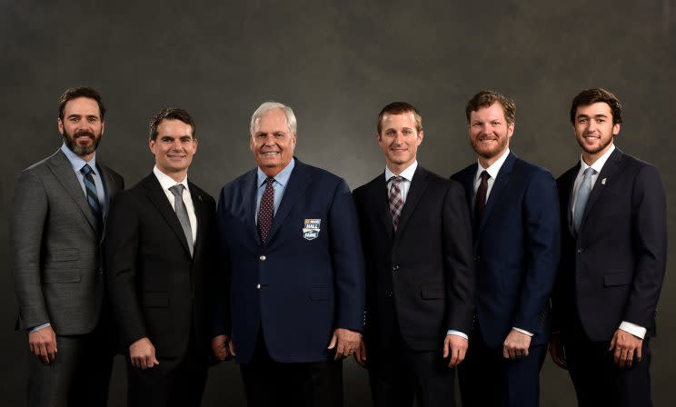 Rick Hendrick (C) with his drivers when he was inducted into the NASCAR Hall of Fame earlier this year. (Getty)